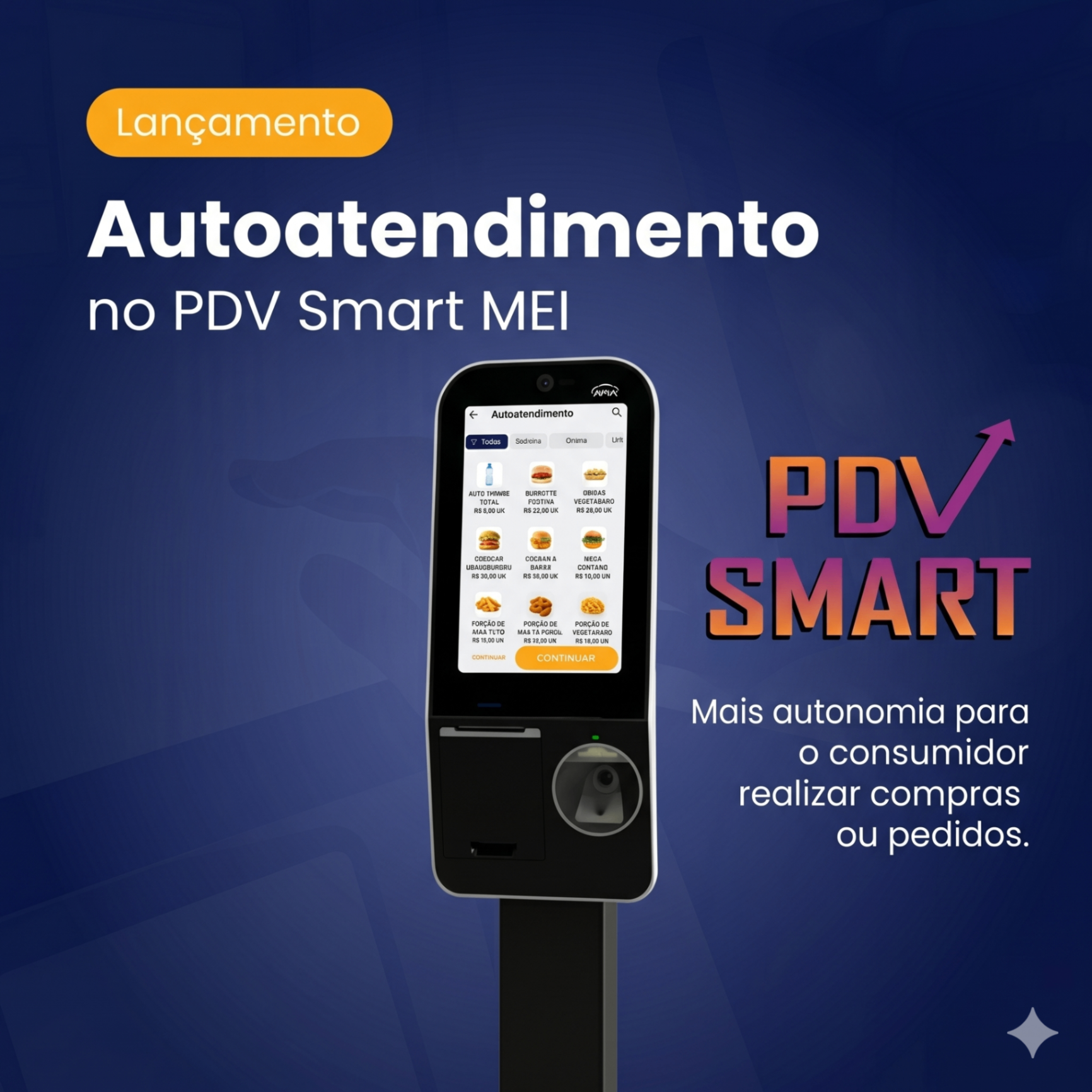 Totem de autoatendimento do PDV Smart MEI exibindo cardápio digital