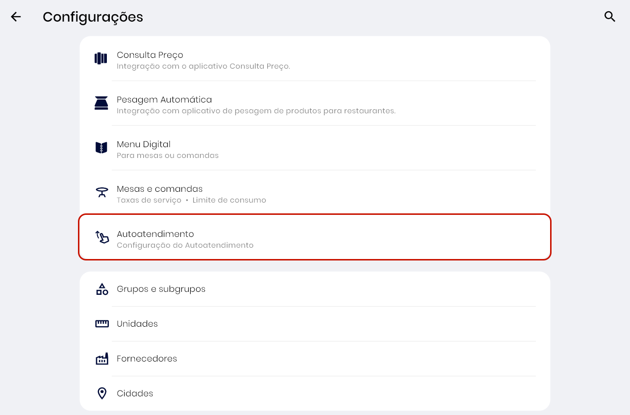 Menu Config do Navi / PDV+ com o item Autoatendimento