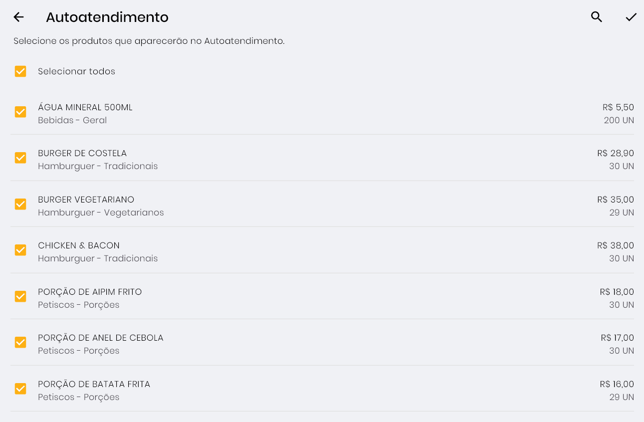 Seleção dos produtos exibidos no Autoatendimento