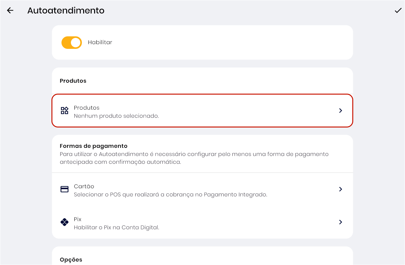 Seção Produtos nas configurações do Autoatendimento