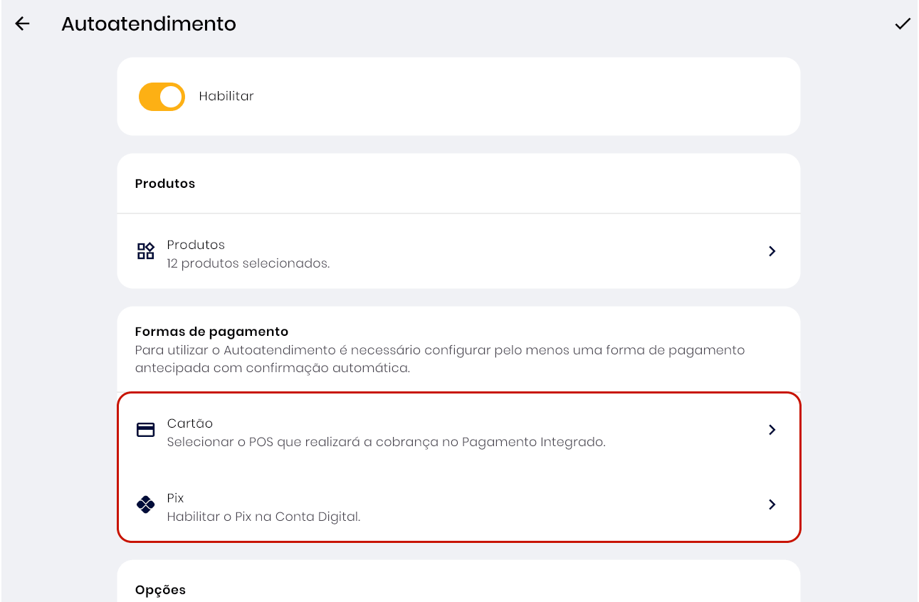 Seção Formas de Pagamento do Autoatendimento