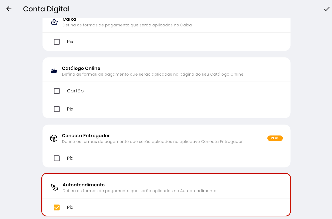 Selecionando Pix para o Autoatendimento