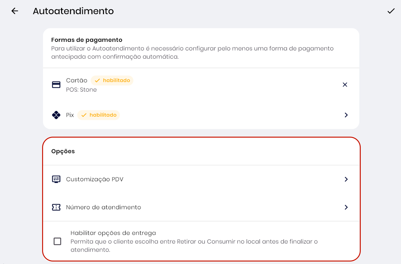 Seção Opções das configurações do Autoatendimento
