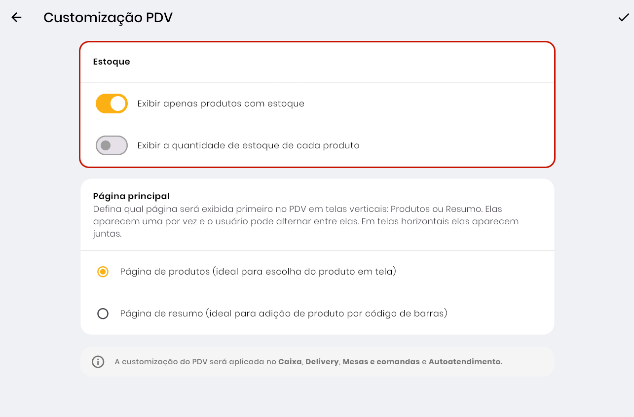 Opções de estoque na customização do PDV