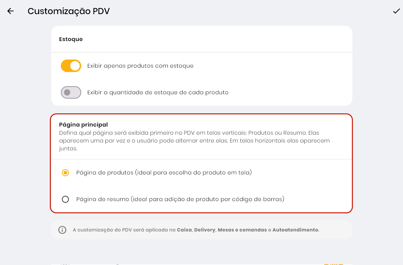 Definição da página principal do PDV no Autoatendimento