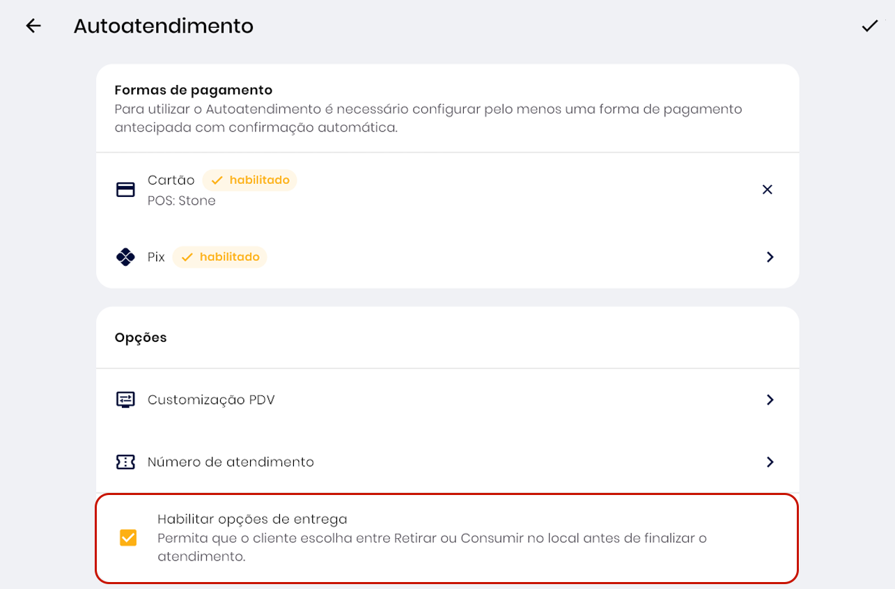 Opções de entrega do Autoatendimento