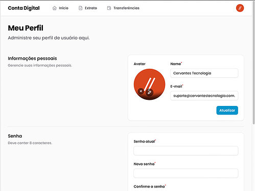 Página Meu Perfil da Conta Digital com informações pessoais, avatar e alteração de senha