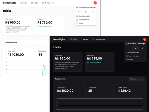 Comparativo do tema claro e do tema escuro da Conta Digital