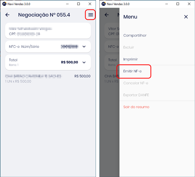 Negociação e menu Emitir NF-e